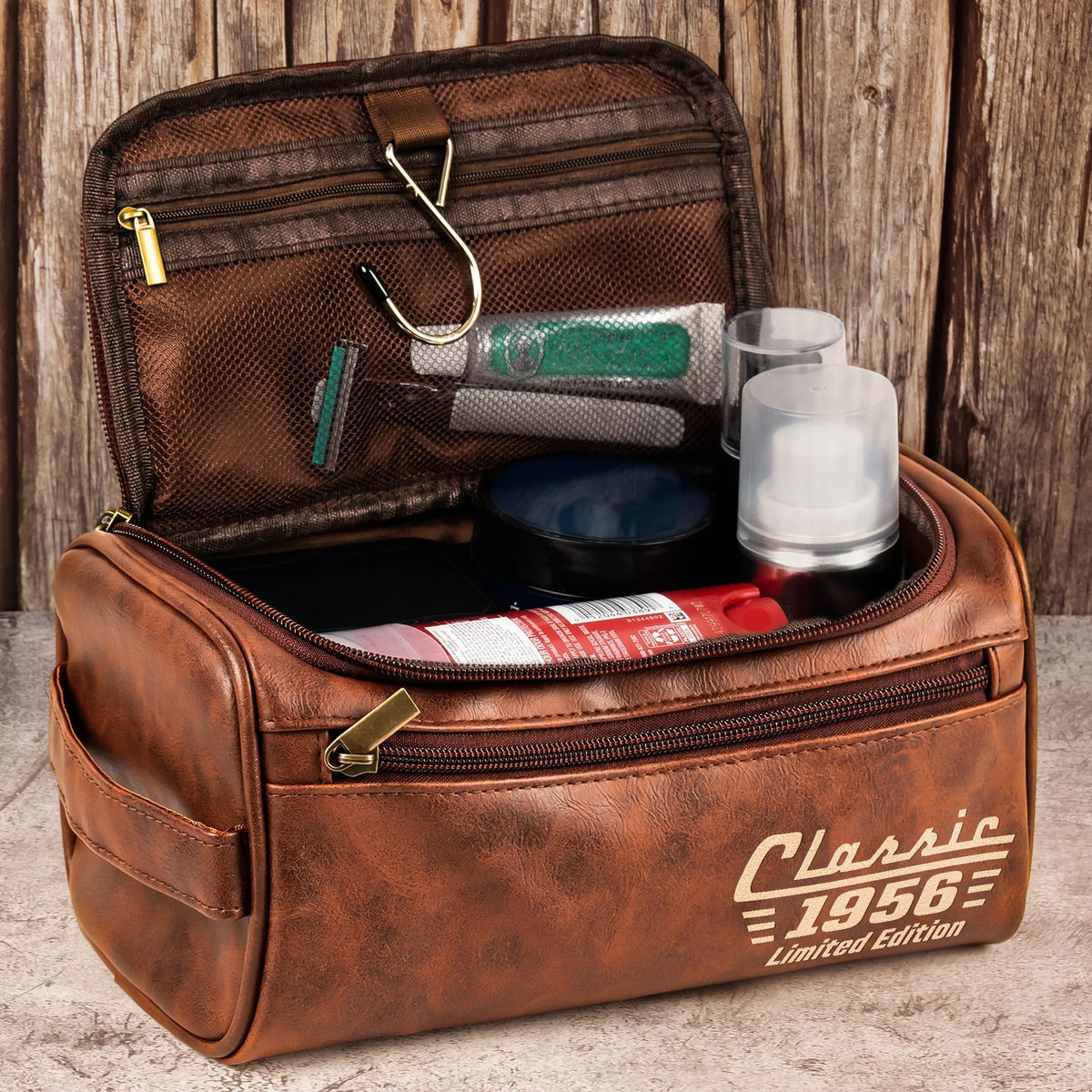 Personalized Leather Toiletry Bag With Changeable Year, Unique Creative Gift for Dad or Husband