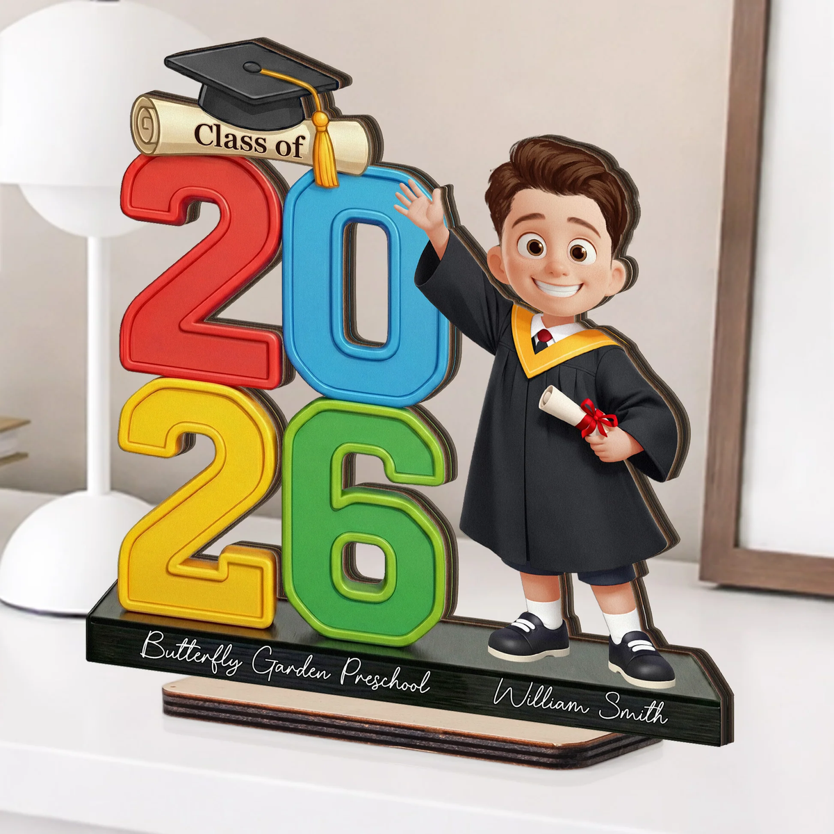Personalized 2-Layer Wooden Plaque Graduation Boy Waving Class Display, Bright Modern Keepsake, Unique Gift