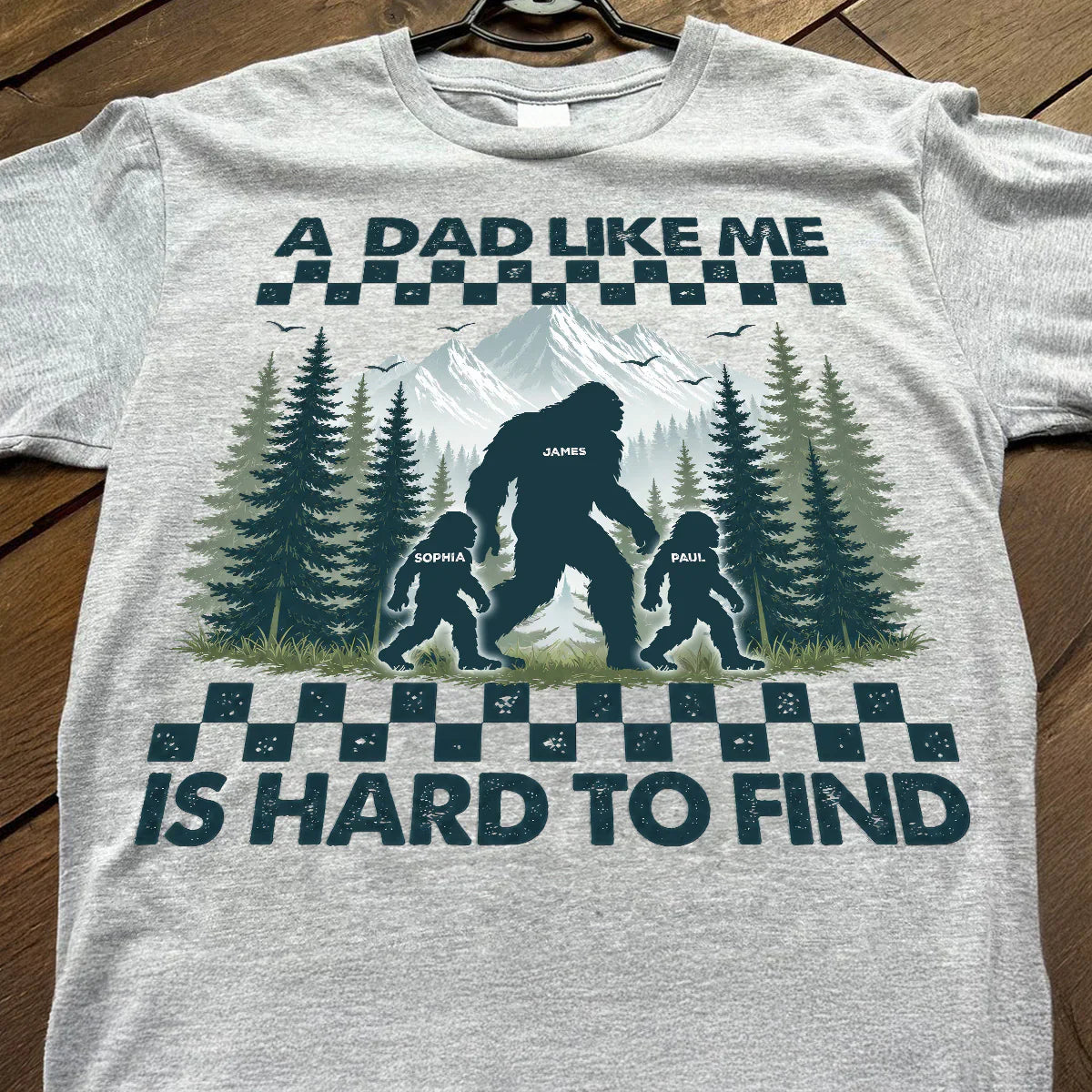 Personalized Classic Tee With Bigfoot Dad & Kids, Retro Forest Graphic, Unique Gift for Dad