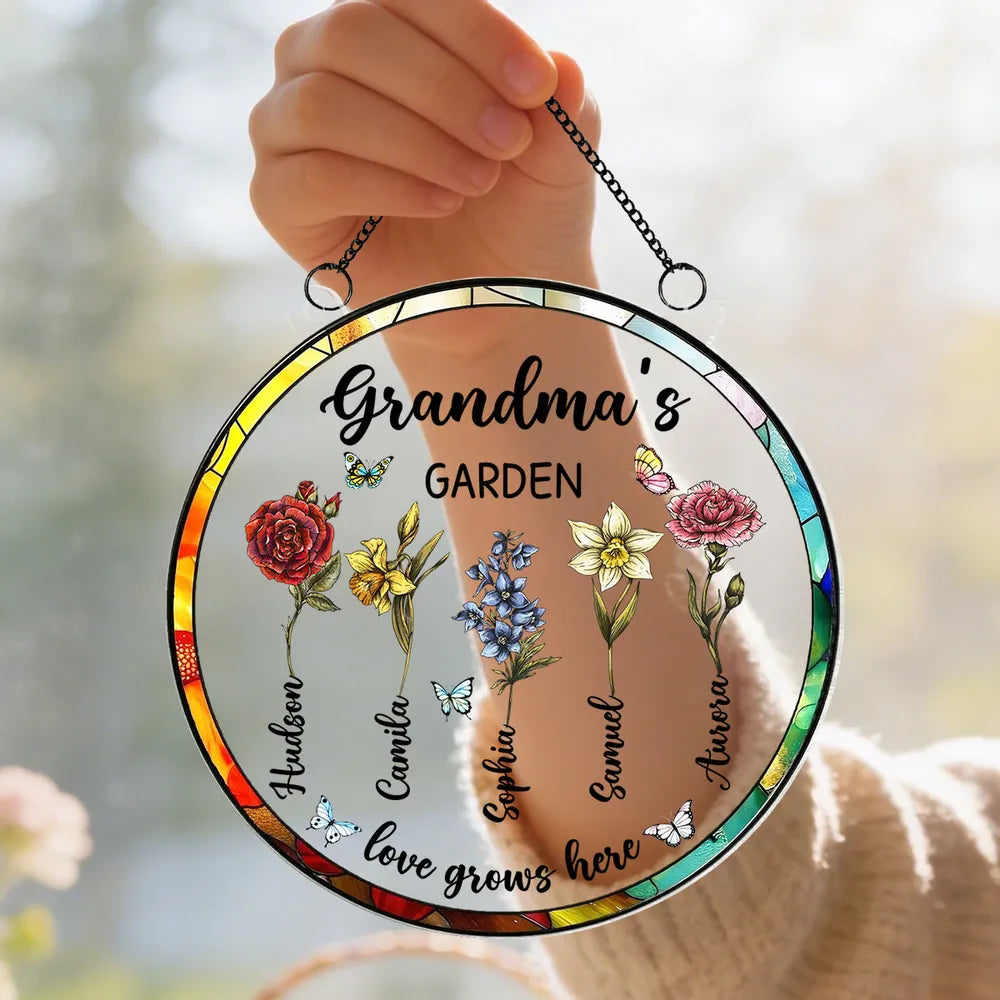 Grandma's Garden Love Grows Here Acrylic Suncatcher Ornament - Sunlight Reflection Window Decor, Thoughtful Personalized Gift
