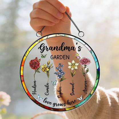 Grandma's Garden Love Grows Here Acrylic Suncatcher Ornament - Sunlight Reflection Window Decor, Thoughtful Personalized Gift