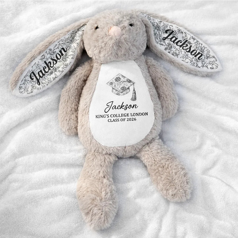 Custom Plush Bunny for Graduation, Cute Sitting Bunny with Floral Ears, Creative Gift Full of Pride