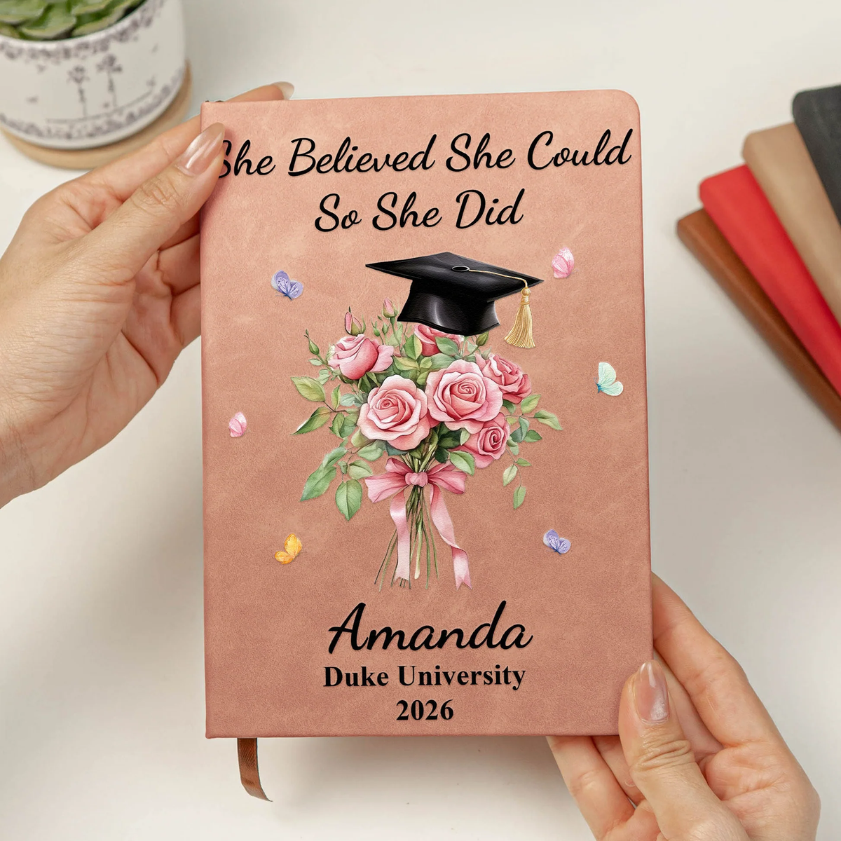 Floral Bouquet and Grad Cap Leather Journal, Personalized Keepsake Notebook, Encouraging Gift for Graduate