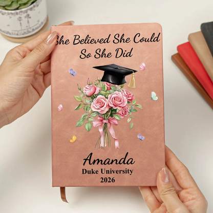 Floral Bouquet and Grad Cap Leather Journal, Personalized Keepsake Notebook, Encouraging Gift for Graduate
