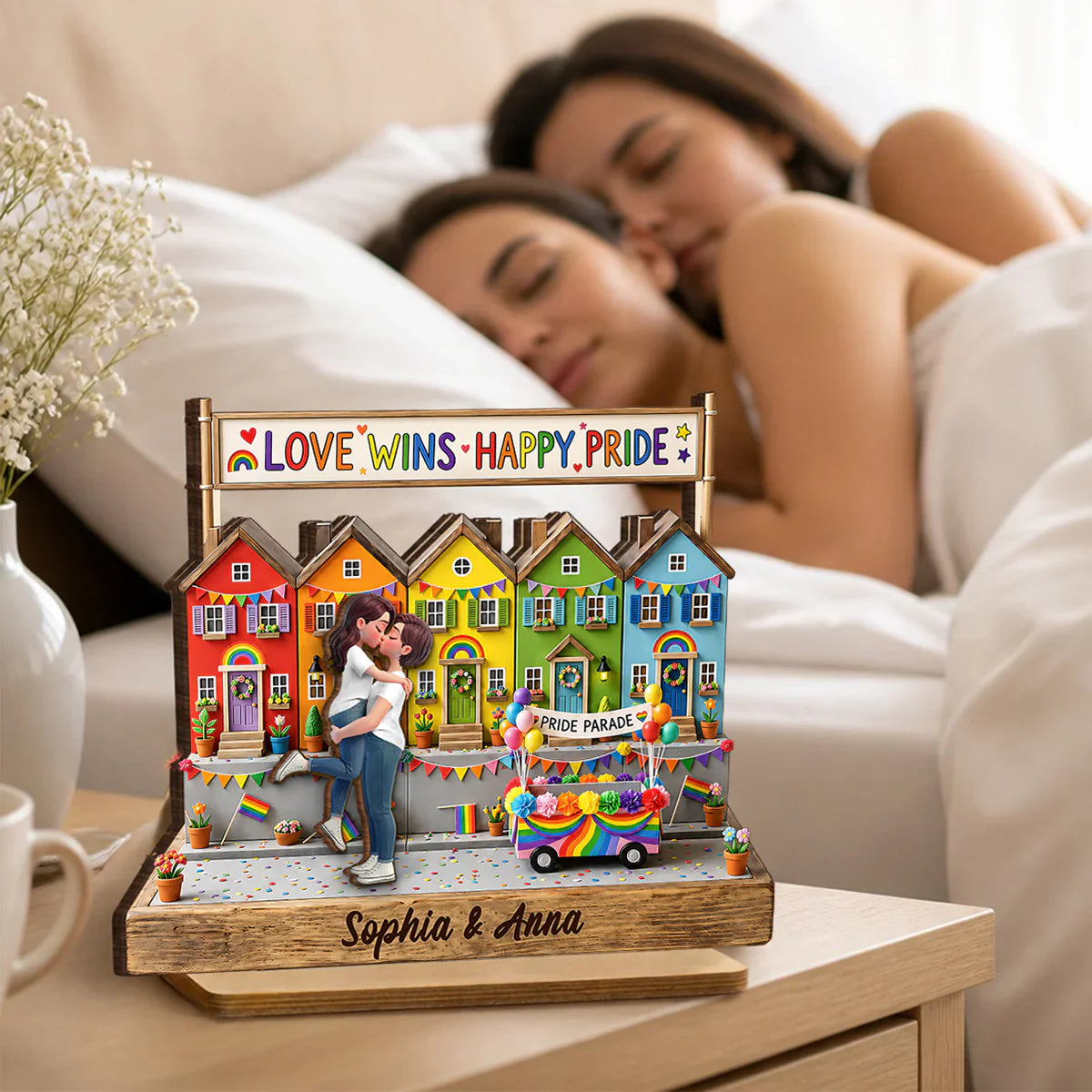 LGBT 2-Layer Wooden Plaque, Love Wins Rainbow Houses & Kissing Couple, Creative Gift for Partner