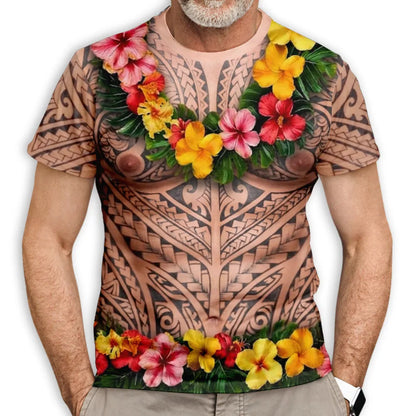 Printed Classic Tee, Personalized Tribal Tattoo & Tropical Lei Design, Unique Creative Gift for Him