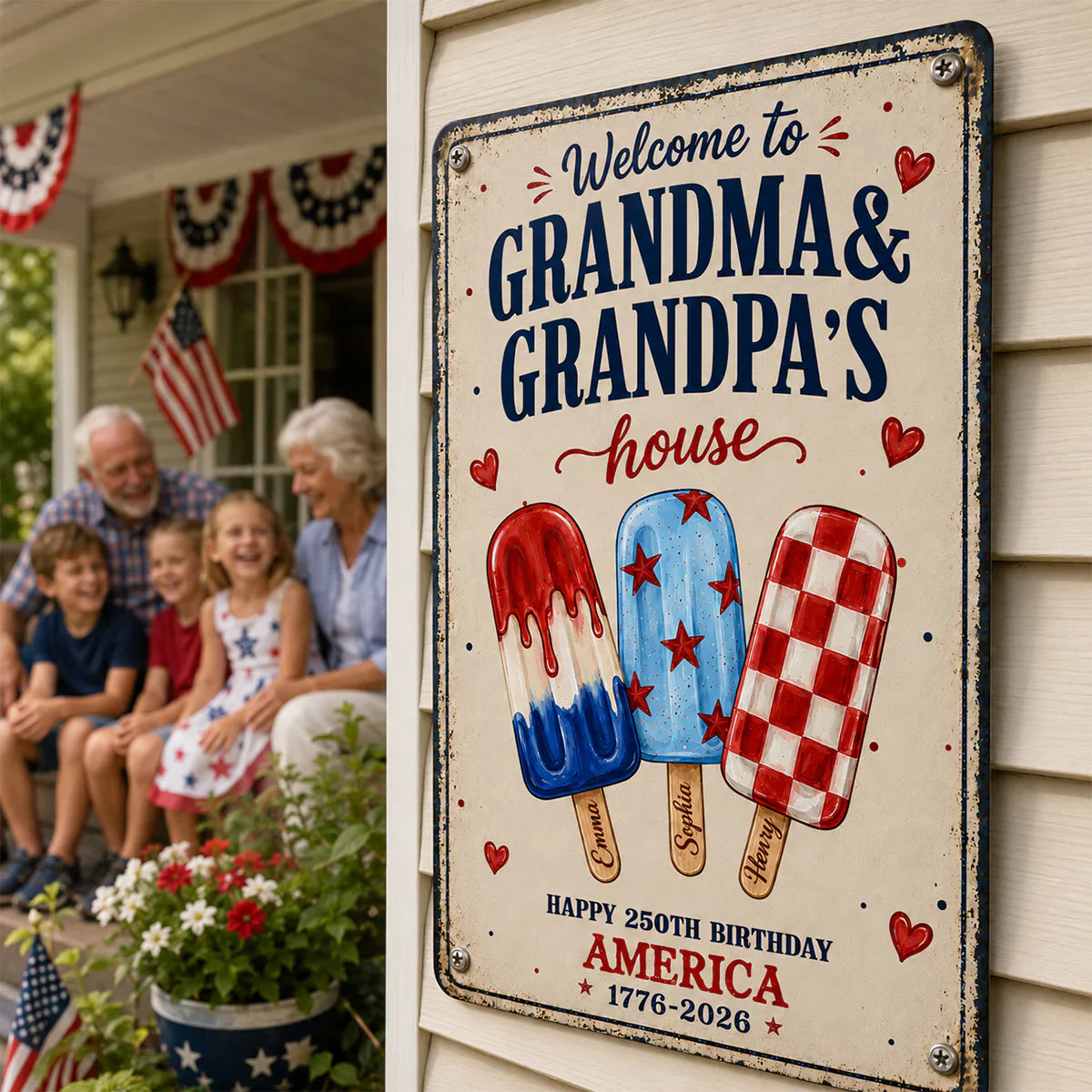 Custom Rectangular Iron Sign for Grandparents, Vintage Red & Blue Welcome Decor, Creative Family Gift