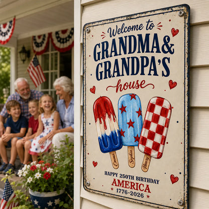 Custom Rectangular Iron Sign for Grandparents, Vintage Red & Blue Welcome Decor, Creative Family Gift