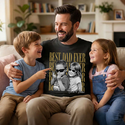 Best Dad Ever Classic Tee, Custom Photo Shirt With Playful Kids in Sunglasses, Creative Gift for Dad