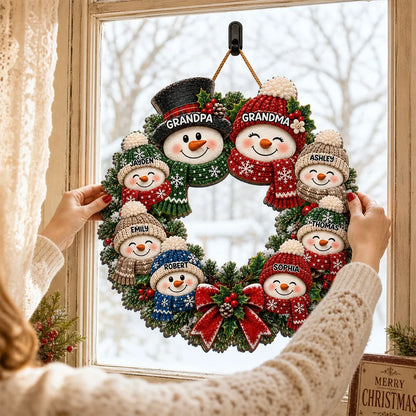 Personalized Wooden Sign with Cute Snowman Family Wreath, Unique Christmas Door Gift for Grandparents