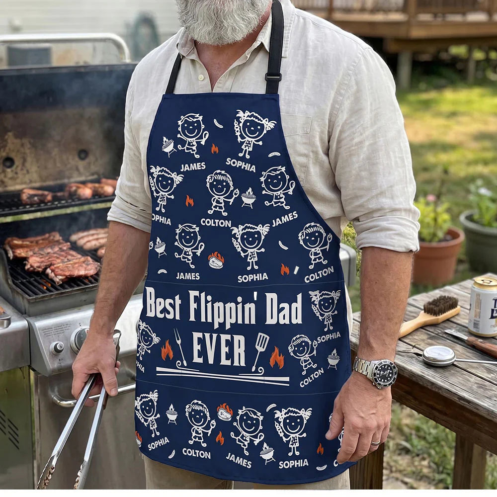 Personalized Waterproof 4-Pocket Apron with Cartoon Kids, Unique Creative Gift for Dad's Grilling