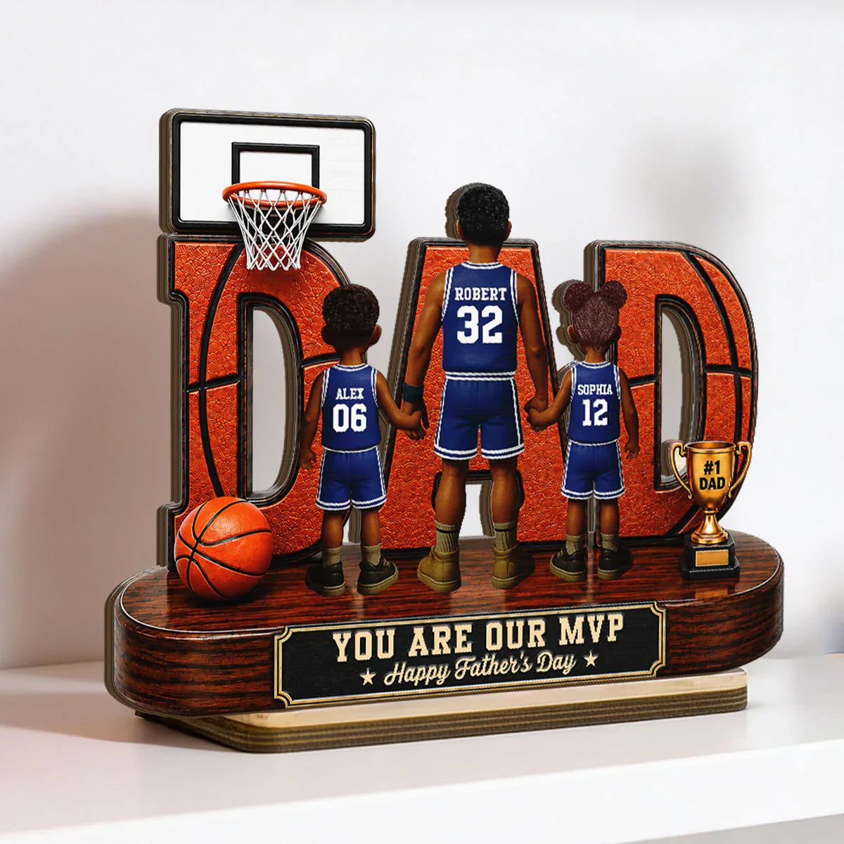 Personalized 2-Layer Wooden Plaque, Basketball Dad MVP Design, Unique Gift for Father's Day