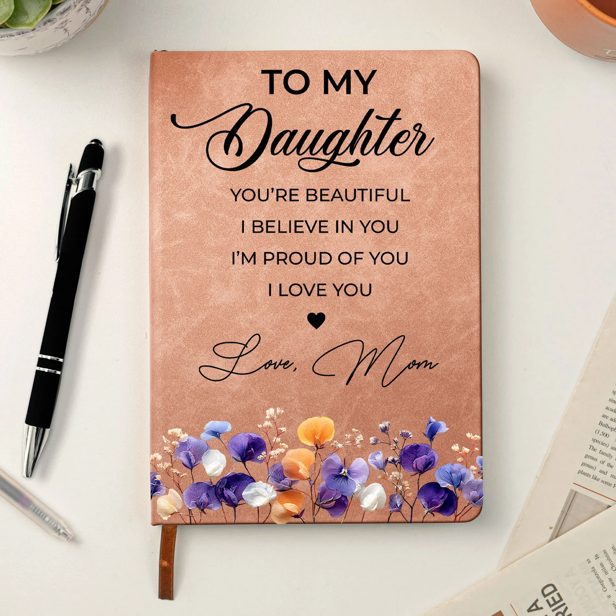 Personalized Leather Journal With Floral Quote Cover, Encouraging Gift For Daughter, Niece Or Granddaughter
