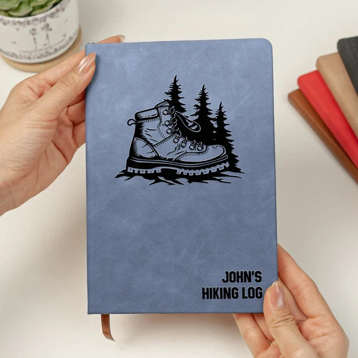 Personalized Leather Journal with Mountain Forest Art, Creative Hiking Gift for Hikers and Outdoor Travelers