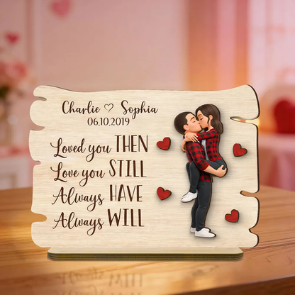 Personalized 2-Layer Wooden Plaque with Kissing Couple and Heart Accents, Romantic Table Decor, Unique Gift for Couple