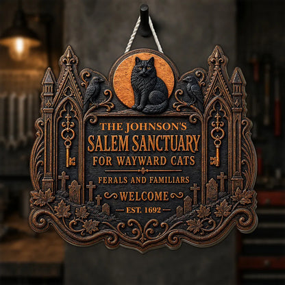Wooden Sign with Black Cat and Ravens by a Haunted House, Personalized Welcome Decor, Creative Gift for Cat Owners