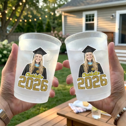 Custom Face Graduation Frosted Plastic Cup, Cap and Gown Design, A Fun Keepsake Gift for a Graduate