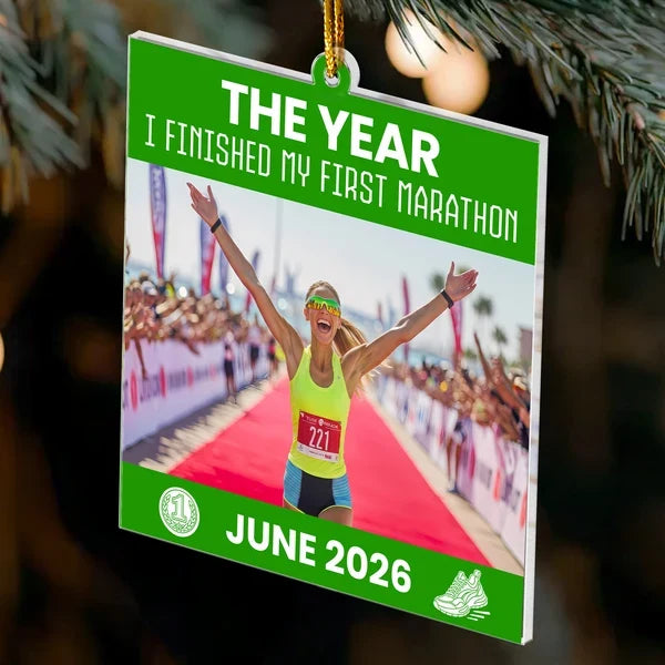 Personalized Acrylic Ornament, Raised-Arms First Marathon Memory, Creative Achievement Gift for a Runner