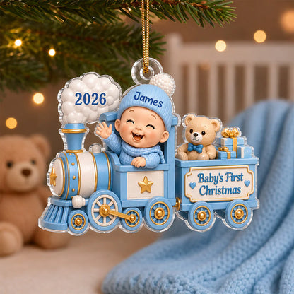 Personalized Acrylic Ornament, Waving Baby Toy Train First Christmas, Unique Gift for New Parents