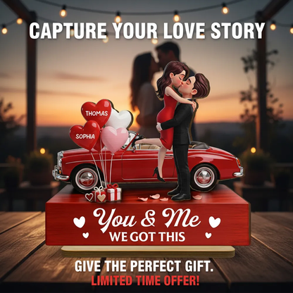 Personalized 2-Layer Wooden Plaque Couple Hugging by a Red Car, You & Me We Got This, Unique Valentine's Day Gift