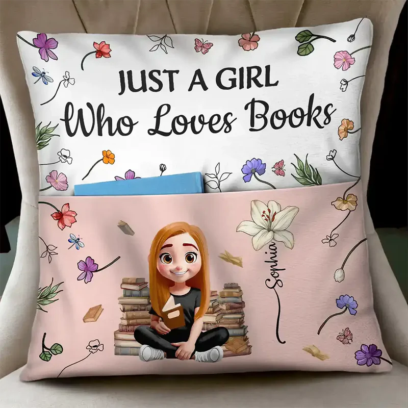 Personalized Pocket Pillow (Stuffing Included) Reading Girl With Flowers - Unique Gift For Book Lovers