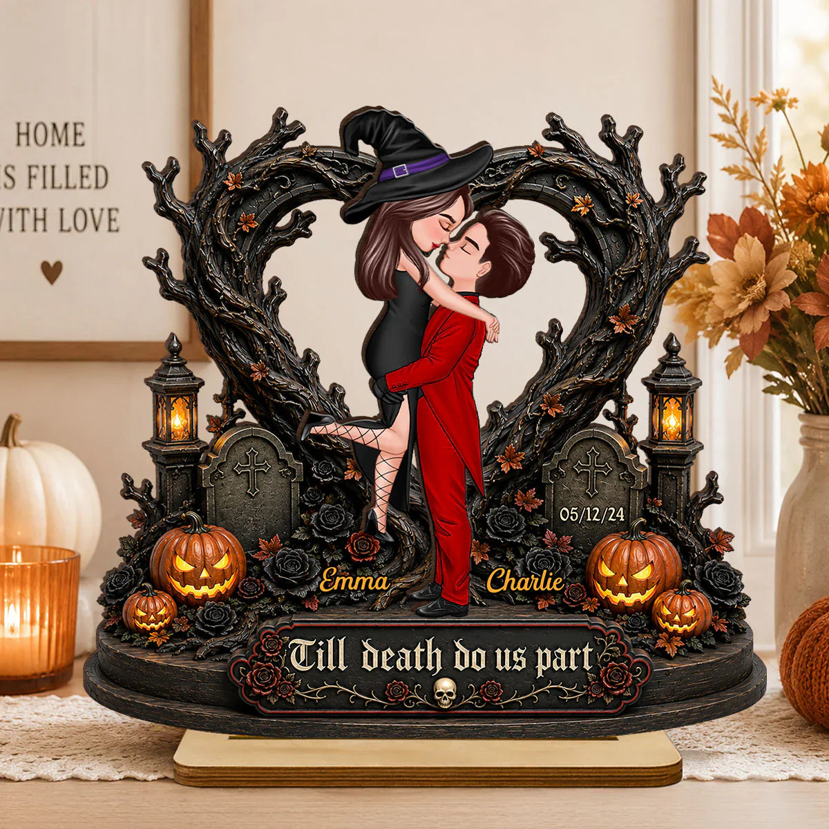 Personalized 2-Layer Wooden Plaque, Kissing Witch Couple Halloween Decor, Unique Gift for Couples