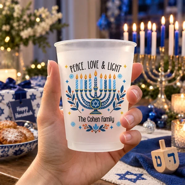 Personalized Hanukkah Cup with Blue Menorah and Peace Love & Light, Unique Family Gift