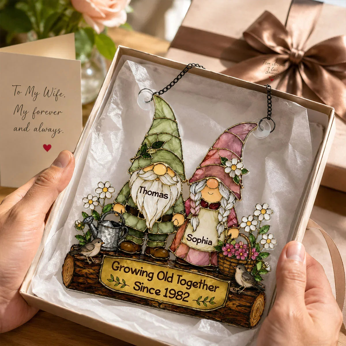 Personalized Acrylic Suncatcher Ornament, Holding Hands Gnome Couple in a Floral Garden, Unique Anniversary Gift