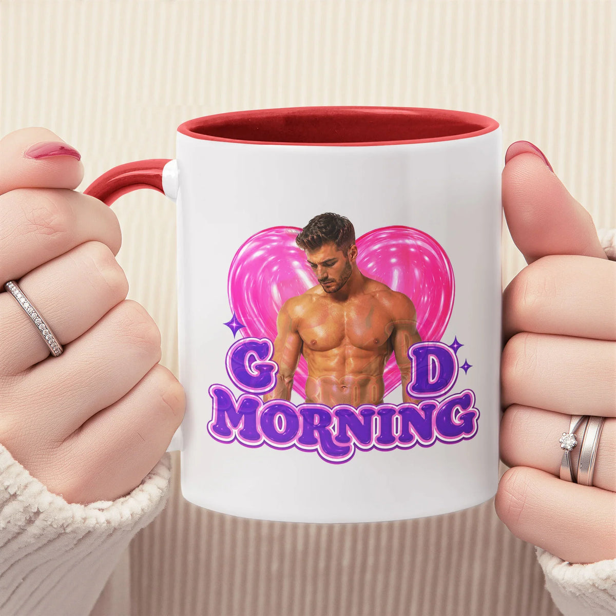 Personalized Funny Good Morning Ceramic Mug With Pink Heart & Muscle Man, Unique Creative Gift For Her