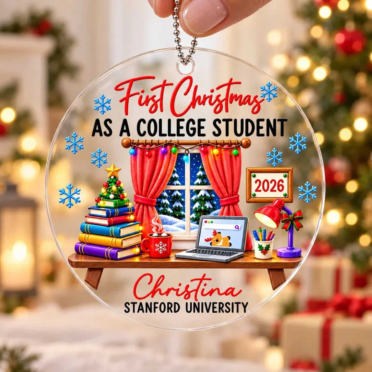 Personalized First Christmas as a College Student Acrylic Ornament, Colorful Study Nook Keepsake, Creative Gift for Students