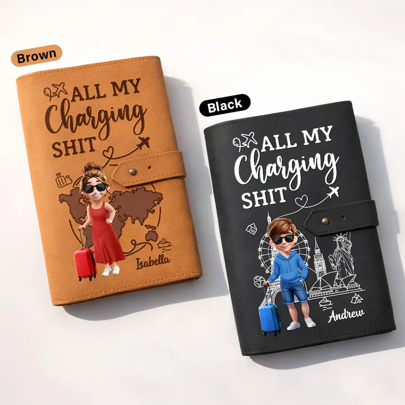 Personalized Leather Cable Organizer with Travel Girl Illustration, All My Charging Shit, Unique Gift for Tech Lovers