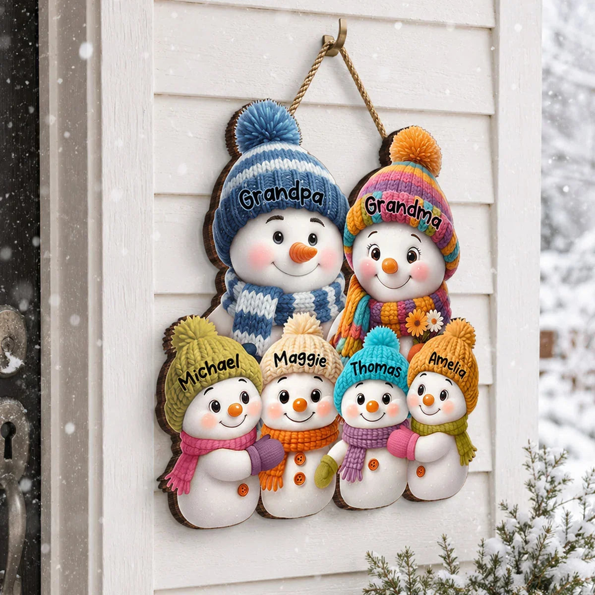 Personalized Wooden Sign, Heartwarming Snowman Grandparents and Grandkids Gathering, Creative Family Gift
