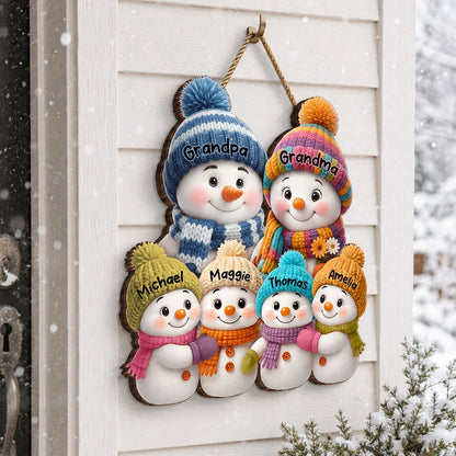 Personalized Wooden Sign, Heartwarming Snowman Grandparents and Grandkids Gathering, Creative Family Gift