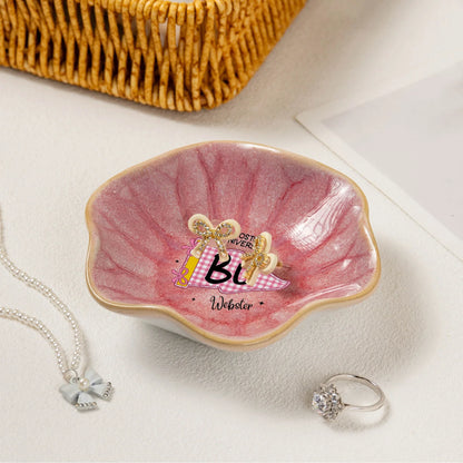 Custom School Pennant Wavy Ceramic Jewelry Dish, Personalized Pink Gingham Unique Gift for College Students