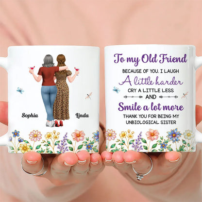 Personalized White Ceramic Mug With Old Friends & Floral Art, Unique Gift For Sister Friend