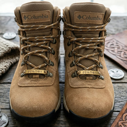 Personalized Stainless Steel Shoe Tag with Rune Style, Rustic Brown Hiking Shoe Accent, Unique Gift for Him