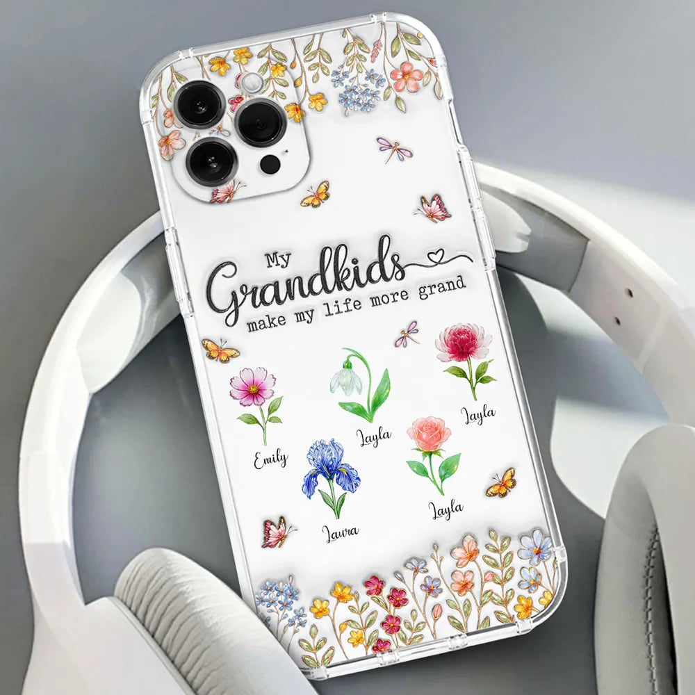 Clear Silicone Phone Case 'My Grandkids Make My Life More Grand' Floral Design - Personalized Gift for Grandma