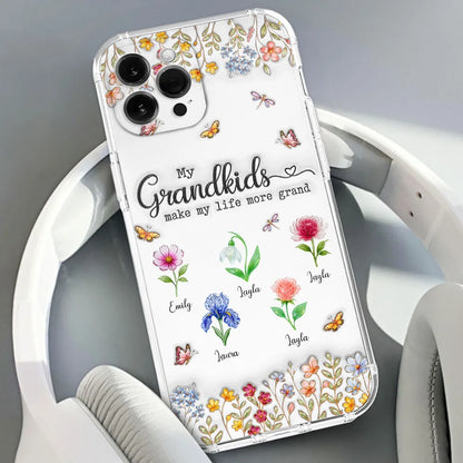 Clear Silicone Phone Case 'My Grandkids Make My Life More Grand' Floral Design - Personalized Gift for Grandma