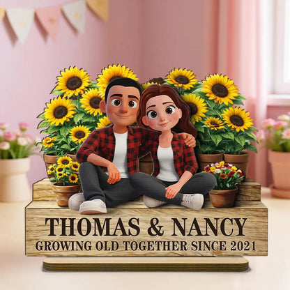 Growing Old Together Since 2-Layer Wooden Plaque with Cozy Couple and Sunflowers Unique Anniversary Gift for Him or Her