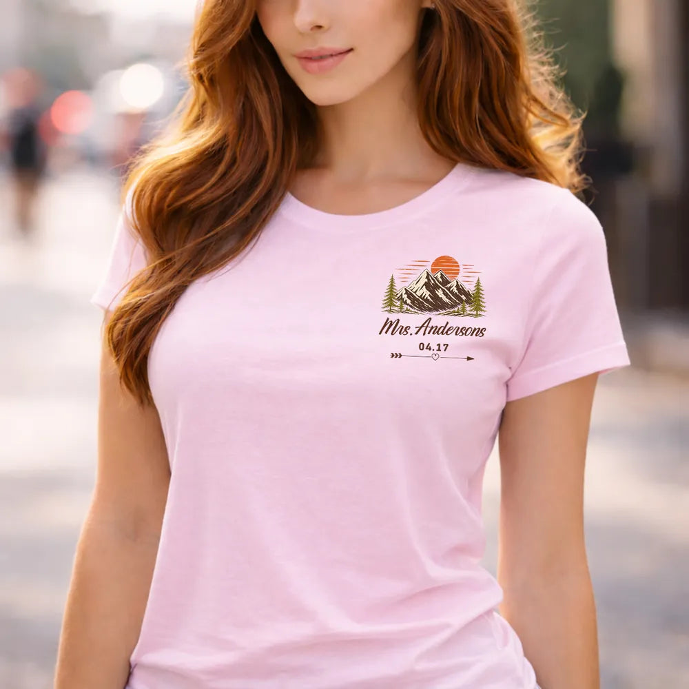 Personalized Dual Print Classic Tee, Mountain Sunset Couple Design, Unique Wedding Gift for Outdoor Lovers