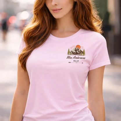 Personalized Dual Print Classic Tee, Mountain Sunset Couple Design, Unique Wedding Gift for Outdoor Lovers