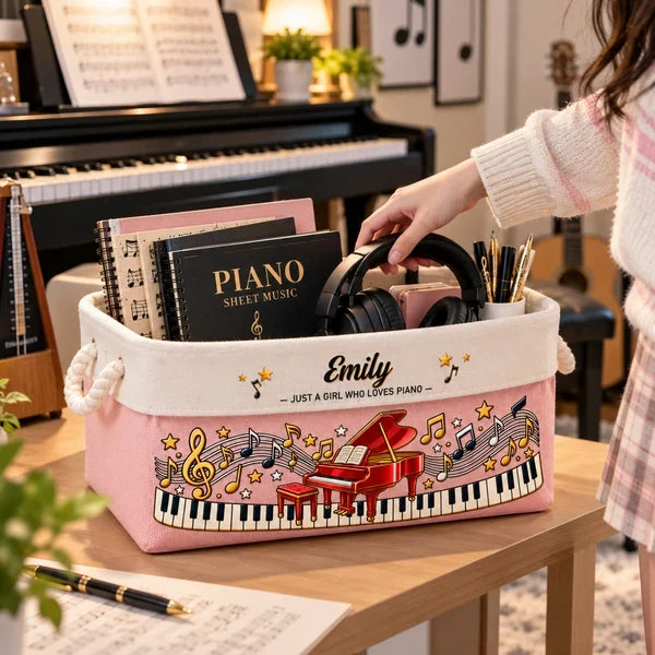 Personalized Cotton Linen Rope Basket, Piano and Music Note Organizer, Unique Gift for a Young Musician