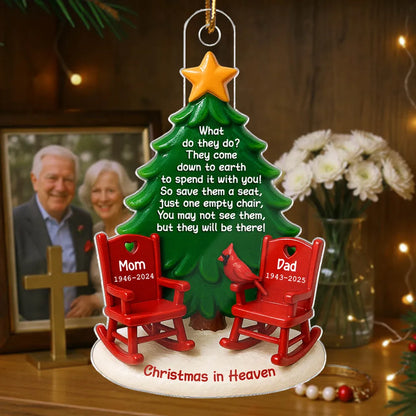 Acrylic Ornament Christmas in Heaven – Red Rocking Chairs & Tree Design, Touching Memorial Gift for Parents or Family