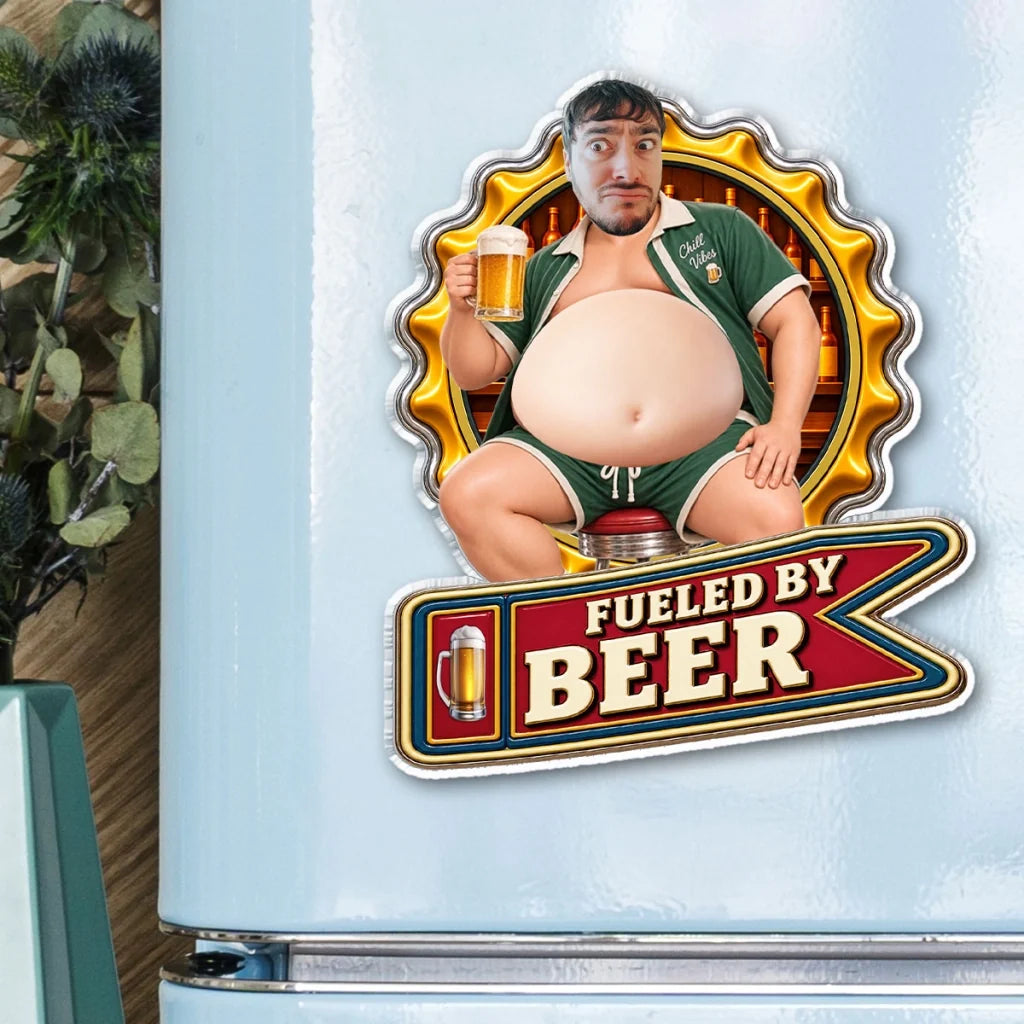 Personalized Silicone Belly Acrylic Magnet, Man Holding Beer in Retro Bar Art, Unique Gift for Beer Lovers