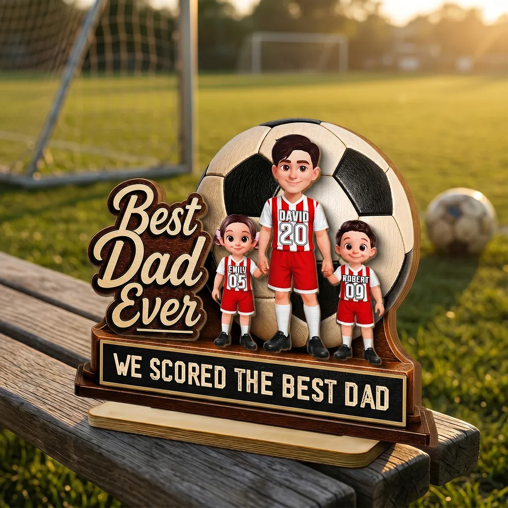 Best Dad Ever 2-Layer Wooden Plaque with Soccer Ball & Kids, Creative Gift for Dad