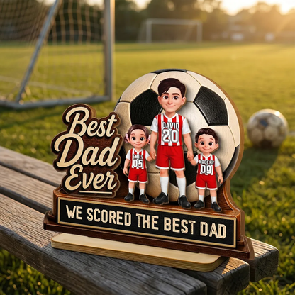 Best Dad Ever 2-Layer Wooden Plaque with Soccer Ball & Kids, Creative Gift for Dad