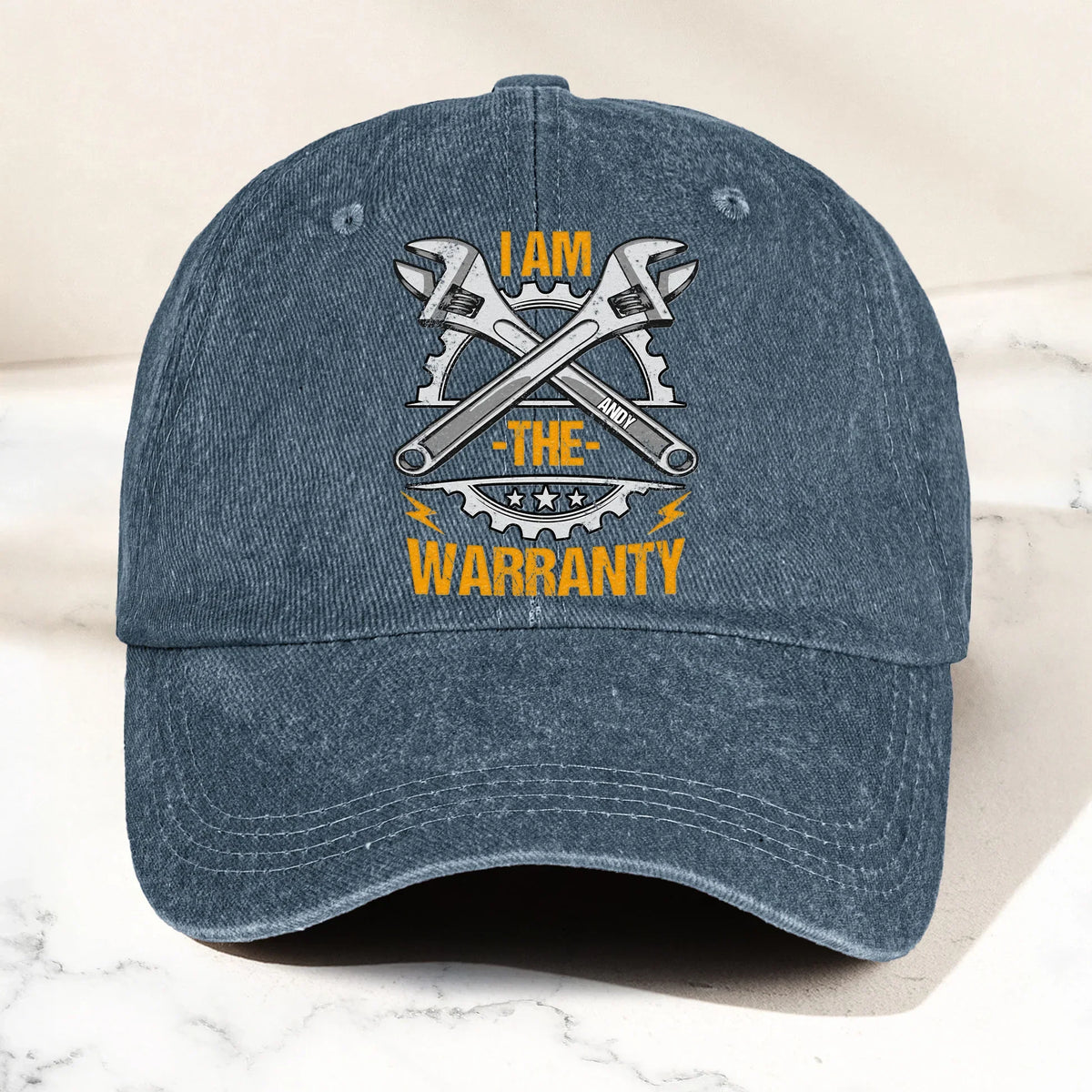 Washed Denim Baseball Cap with Funny Wrench Graphic, Personalized Unique Gift for Grandpa & Garage Fans