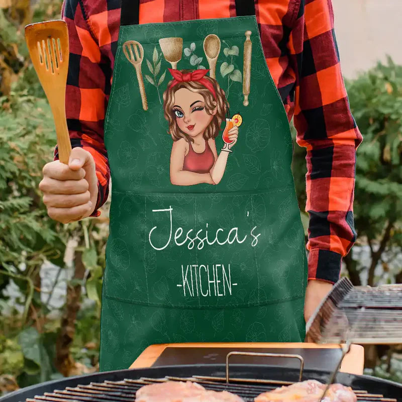 Personalized Apron with Cute Cartoon Chef Girl and Kitchen Tools, Unique Cooking Gift for Mom or Grandma