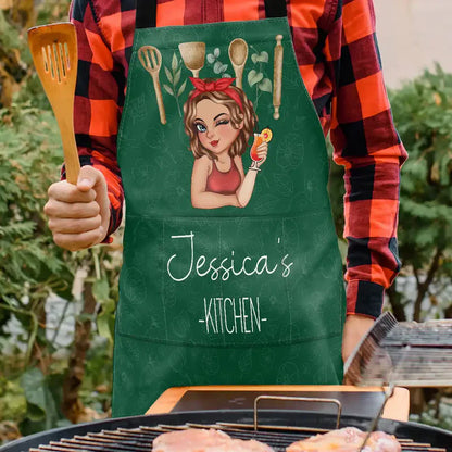 Personalized Apron with Cute Cartoon Chef Girl and Kitchen Tools, Unique Cooking Gift for Mom or Grandma