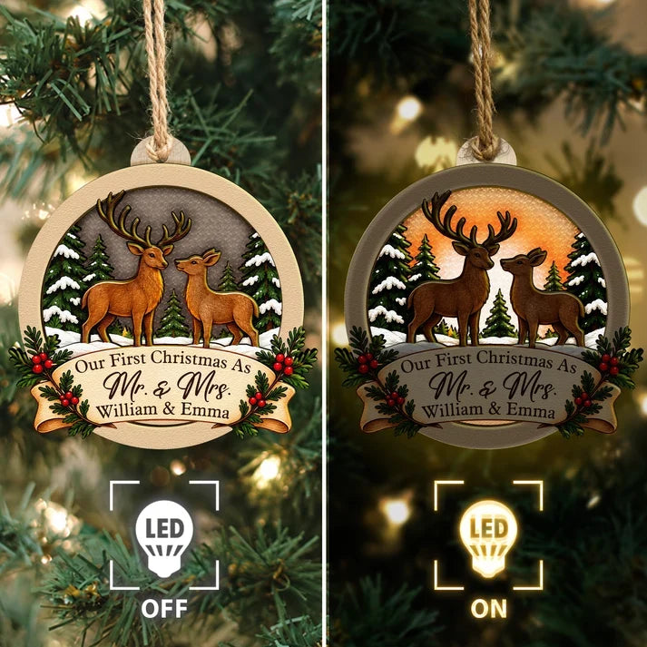Personalized Wooden Ornament with Deer Facing Each Other in a Snowy Forest, Unique Christmas Gift for Newlyweds